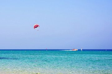 Daylight view to parasailing with people