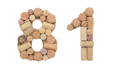 Number 81 eighty one  made of wine corks Isolated on white background