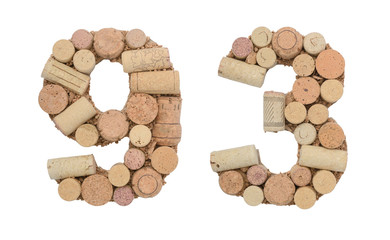 Number 93 ninety three made of wine corks Isolated on white background