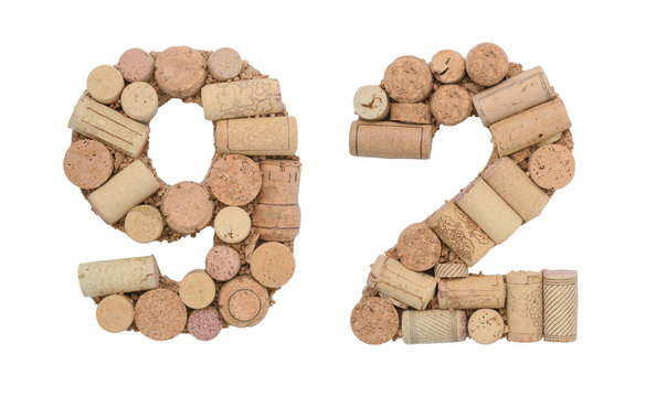 Number 92 ninety two  made of wine corks Isolated on white background