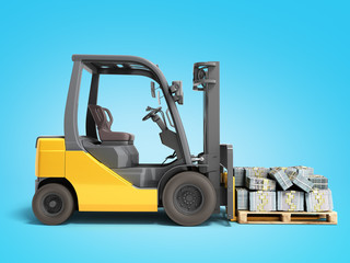 Stack of dollar money bills on wooden pallet with a forklift loader 3d render on a blue background