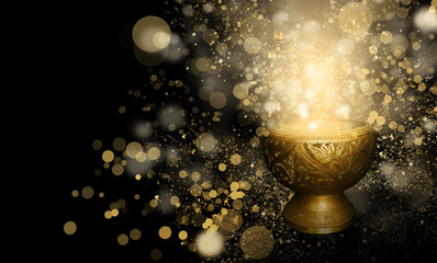 Oriental magical vase of gold, magic, bokeh background, neon background