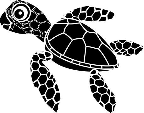 Black silhouette of cute cartoon hatchling of sea turtle on white background