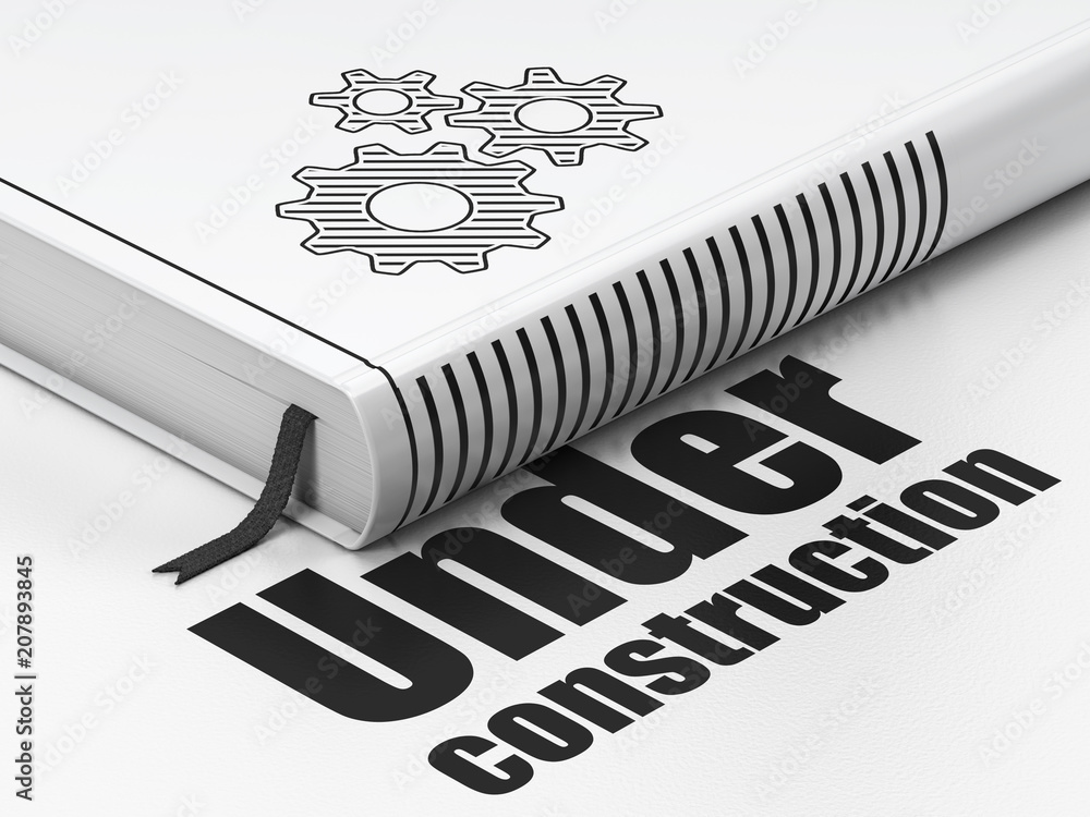 Poster web design concept: closed book with black gears icon and text under construction on floor, white ba