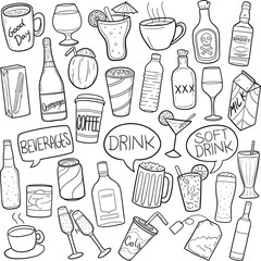 Drinks and Beverages Doodle Icon Hand Draw Line Art	