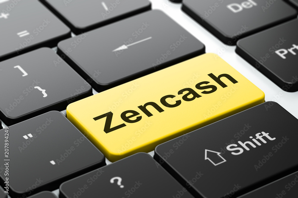Poster blockchain concept: computer keyboard with word zencash, selected focus on enter button background, 