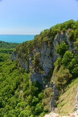 Fototapeta premium A mountain range not far from the city of Sochi. High rocks and a cliff beneath them. Eagle rocks. Green forest below.