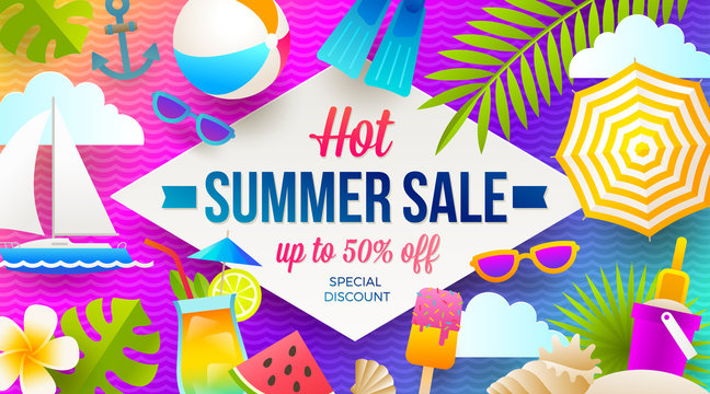 Summer sale promotion banner. Vacation, holidays and travel colorful bright background. Poster or flyer design. Vector illustration.