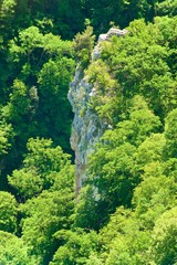 A mountain range not far from the city of Sochi. High rocks and a cliff beneath them. Eagle rocks. Green forest below.