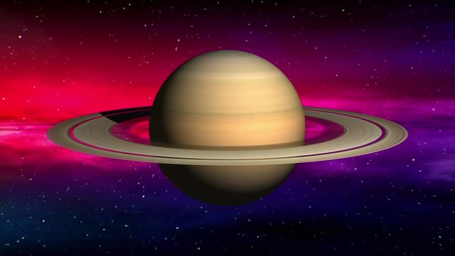 Movement in outer space of Saturn on abstract nebula background. Seamless loop 3D animation. Texture of Planet was created in graphic editor without photos and other images.