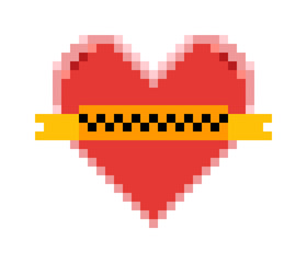 Pixel art: a red heart symbol with an orange ribbon.

