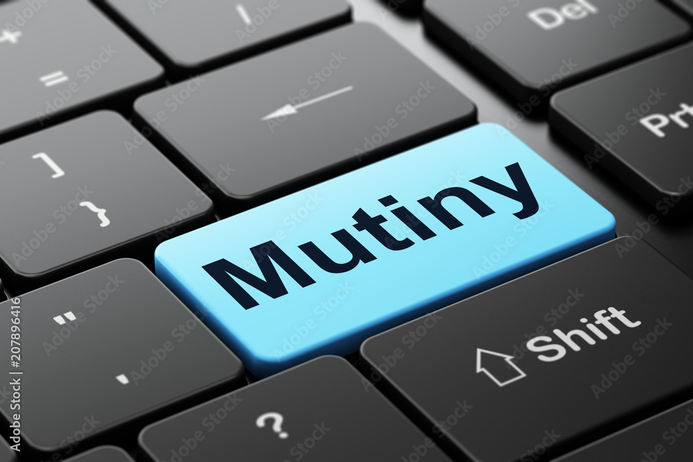 Aufkleber political concept: computer keyboard with word mutiny, selected focus on enter button background, 3d