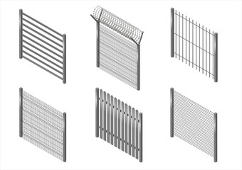 Set of metal fences, borders and walls in an isometric view. Mesh, barbed wire. Vector graphics