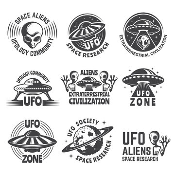 Monochrome labels or badges with pictures of aliens, ufo and space