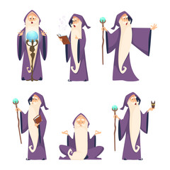 Wizard male. Cartoon mascot in action poses