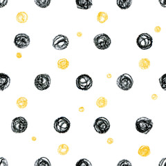 Motif scandinave abstrait avec des cercles à pois noirs et jaunes.