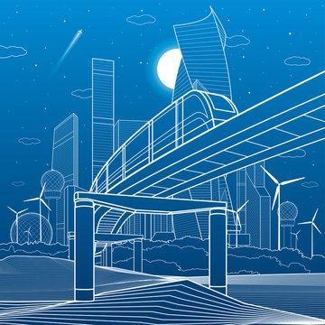 Urban infrastructure and transport illustration. Monorail bridge across the mountains. Modern city at background, industrial architecture. White lines on blue background. Vector design art 