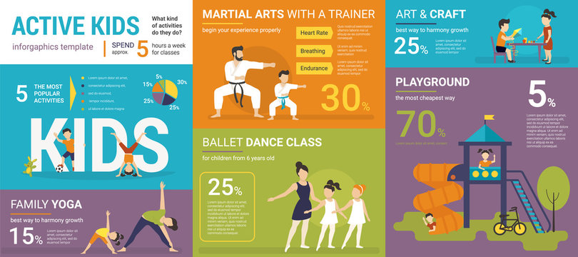Active Kids Infographics Vector Illustration Of Children Classes With Graphs And Diagrams. Flat Template Of Family Yoga, Martial Arts, Ballet Class, Crafts And Playground. Kids Lifestyle Presentation