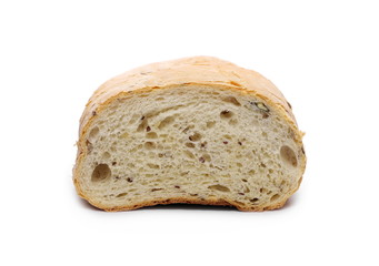 Bread slice with various grains and seeds isolated on white background