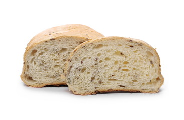 Bread slices with various grains and seeds isolated on white background
