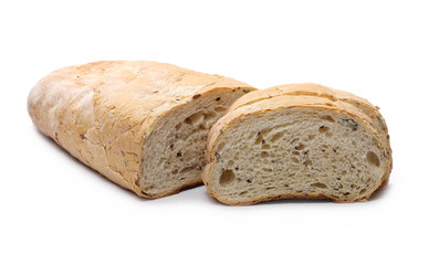 Bread slices with various grains and seeds isolated on white background