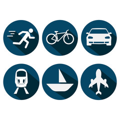 travel transport icons. walking, bicycle, train, ship, airplane. vector illustration