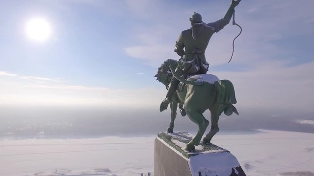 Monument of Salavat Yulaev Ulaev at winter sunner sunny day of cloudy sky. Ufa, Bashkortostan, Russia.