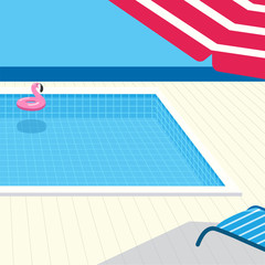 Swimming pool float. Pink water ring floating umbrella lounger deckchair with shadow. Luxury relax hotel, sea ocean poolside Flat vector background illustration Blue red pink color. Hello summer party