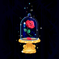 vector Beauty and Beast. Rose in glass dome, flask