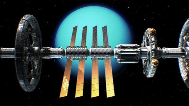 Side view of a giant sci-fi interplanetary spaceship flying on Uranus background, 3d animation.