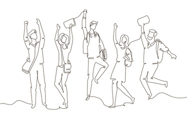 Happy students - one line design style illustration