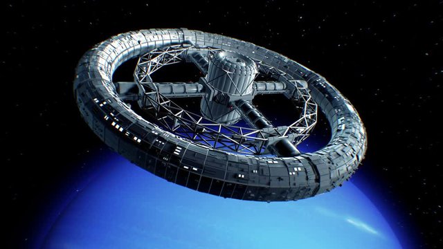 Circular space station. Giant sci-fi torus rotate on Neptune background, 3d animation. Texture of the Planet was created in the graphic editor without photos and other images.