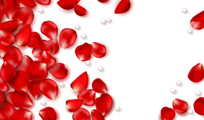 Red rose petals and beads on white background.Happy Valentines Day. Vector holiday illustration. Festive decoration. Wedding background.