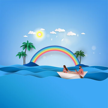 Love couple in summertime on the tropical paradise beach. Palms and plants around. Seaside vacation vector. Travel concept