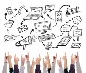 Communication concept pointed by several fingers