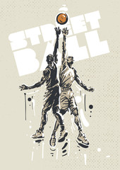 Streetball players in a jump. Sketch style