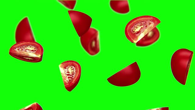 Lobules of tomato falling on green screen, 3d animation.