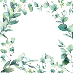 Watercolor floral frame. Hand drawn greeting card design with green leaves and branches isolated on white background. Eucalyptus, snowberry plants illustration