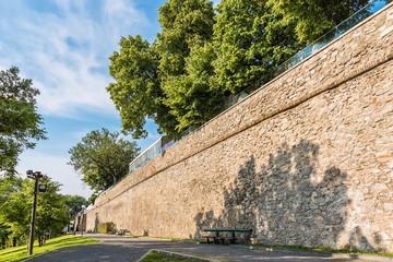 Naklejka premium Bratislava, Slovakia May 24, 2018: Bratislava, Slovakia May 24, 2018: Bratislava castle. Bratislavsky Hrad close-up panorama with no people in sunny day. Exterior view of the castle in Bratislava.