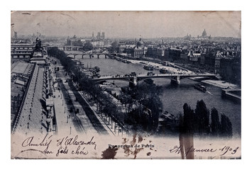 Paris city panorama, circa 1903, vintage postcard printed in France, retro travel diversity