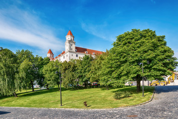 Bratislava, Slovakia May 24, 2018: Bratislava castle. Bratislavsky Hrad close-up panorama with no...