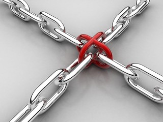 Obraz premium 3d illustration Stainless steel chain with unique blue link 