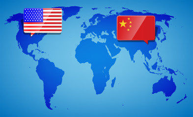 USA and China at the blue World Map background. Trade war with America and China. International business global exchange concept. Vector