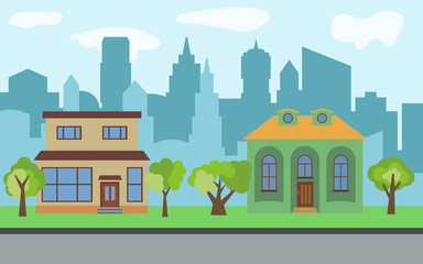 Vector city with two two-story cartoon houses and green trees in the sunny day. Summer urban landscape. Street view with cityscape on a background
