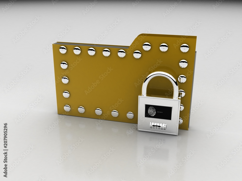 Poster yellow folder and lock. data security concept. 3d rendering