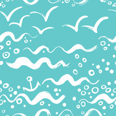 Seamless background with gulls, sea and waves. Summer style. Hand drawn dry brush pattern.