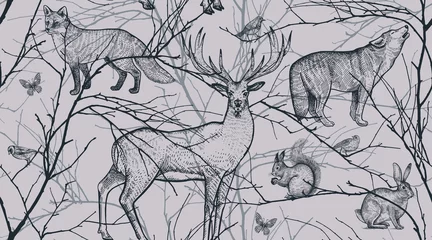 Papier Peint photo Lavable Bestsellers Modèle sans couture avec des animaux de la forêt, des oiseaux et des branches d& 39 arbres.