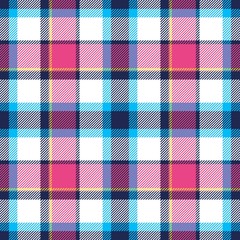 Tartan seamless plaid pattern in blue, pink, dark blue, yellow and white color