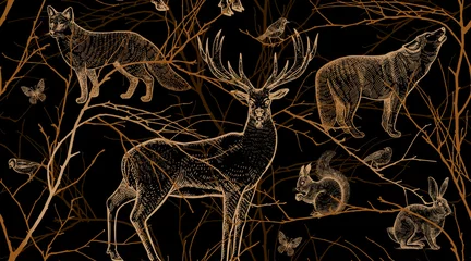 Crédence de cuisine en verre imprimé Animaux de la forêt Modèle sans couture avec des animaux, des oiseaux et des branches d& 39 arbres.