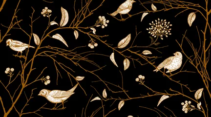 Wall murals Brown Seamless pattern with forest birds and tree branches.